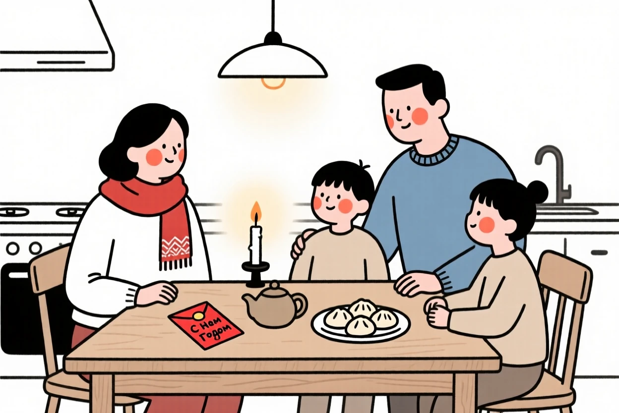 A family of Russian heritage celebrating Lunar New Year, in a cozy candlelit kitchen.