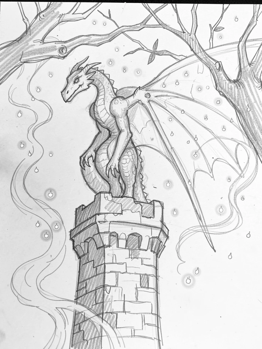 A majestic dragon perched atop a crumbling tower, beneath branches strung with fireflies, with mist curling like living smoke.
