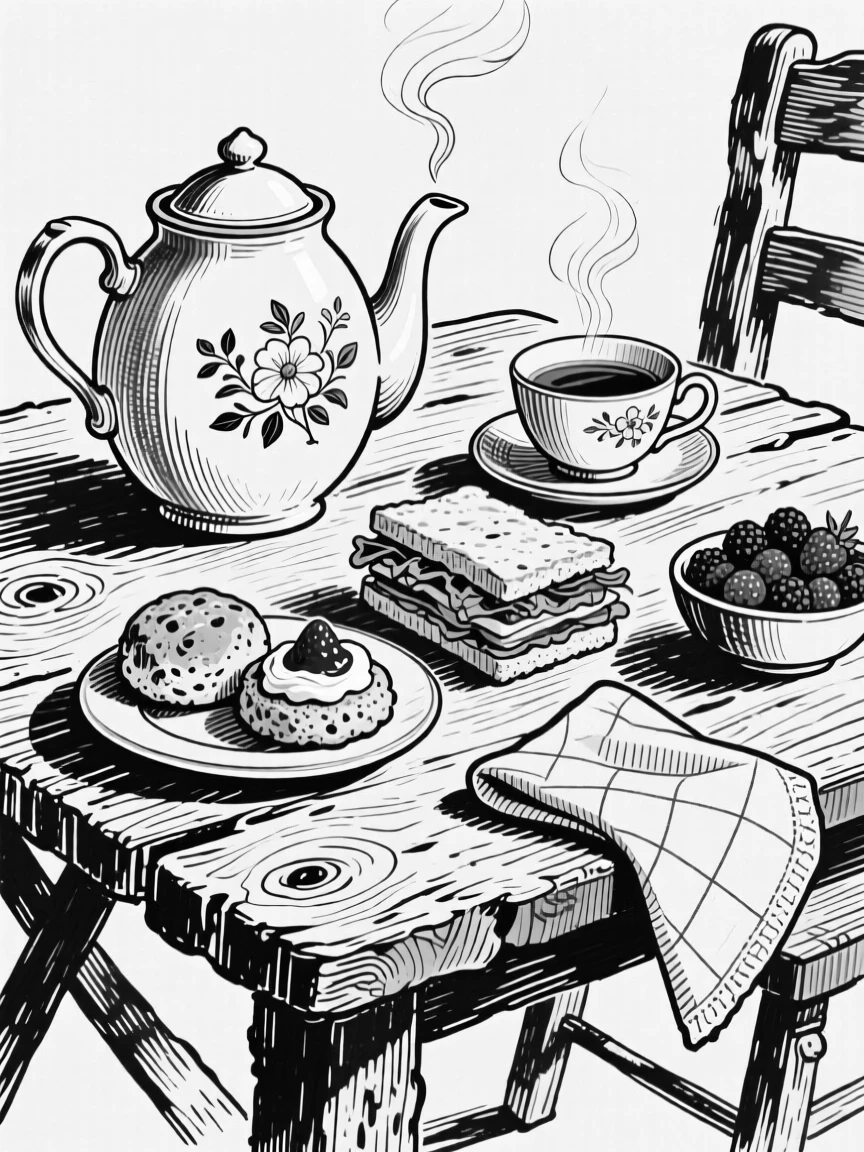 A rustic wooden table set with a traditional afternoon tea spread.