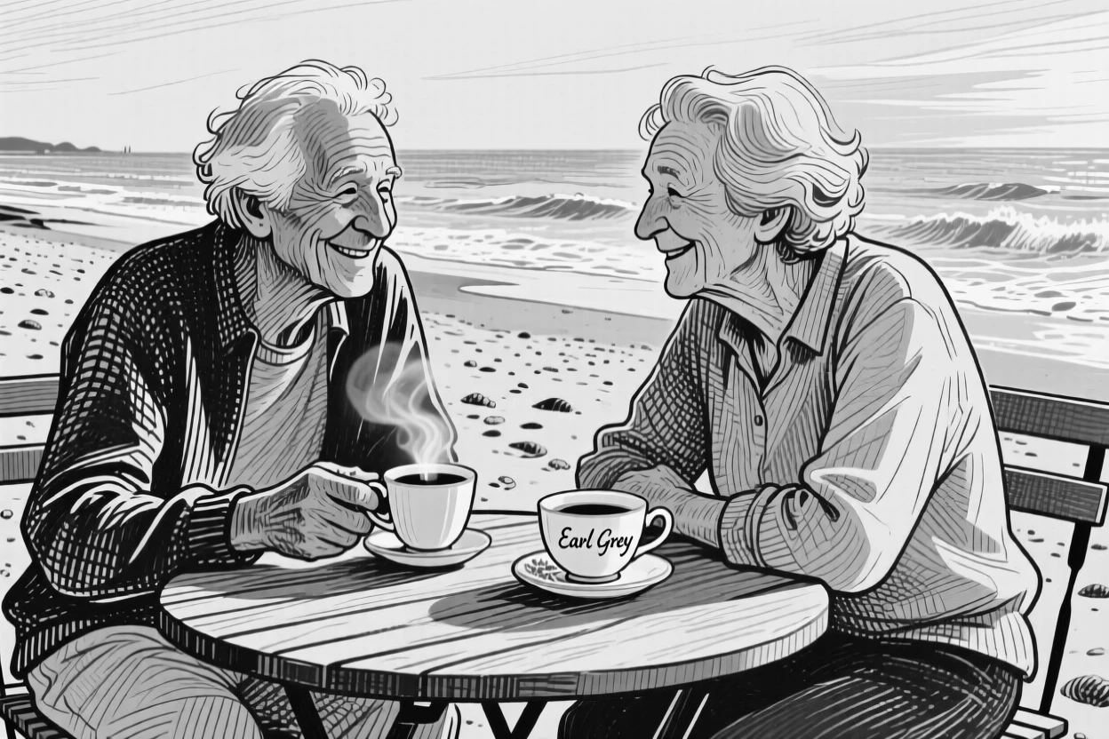 Two old friends sharing coffee at a small table on a sandy beach at golden hour, with a cup of tea resting close by, creating a wistfully sweet lifestyle scene.
