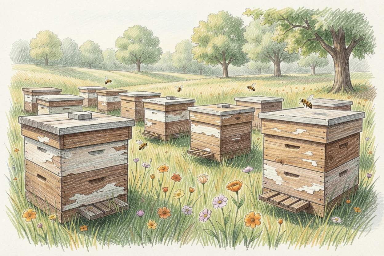 A rustic honey farm with rows of wooden beehives in a meadow, with rich, inviting textures throughout the scene, full of charm, emotion, and visual delight.