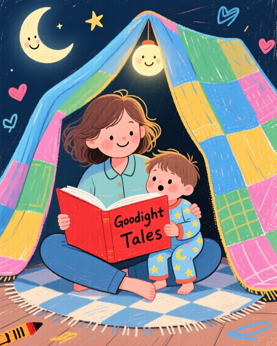 A mother and her toddler reading a bedtime story under a blanket fort.