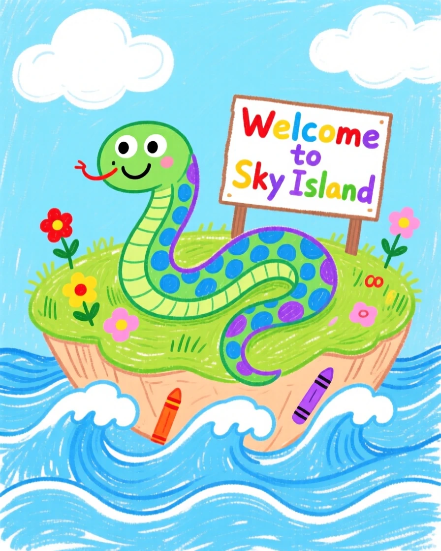A friendly sea serpent curling through waves atop a floating island in the sky.
