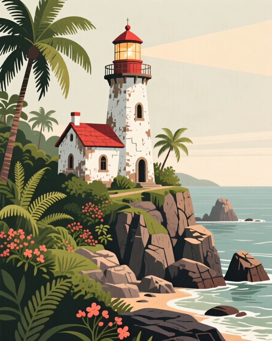 A rustic lighthouse standing at the edge of a rocky coastline, surrounded by lush tropical greenery, arranged with layered depth from near to far, with a nostalgic, postcard-like charm.