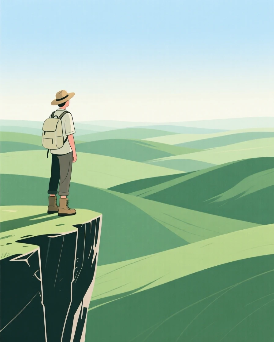 A traveler standing at the edge of a cliff overlooking rolling green hills.