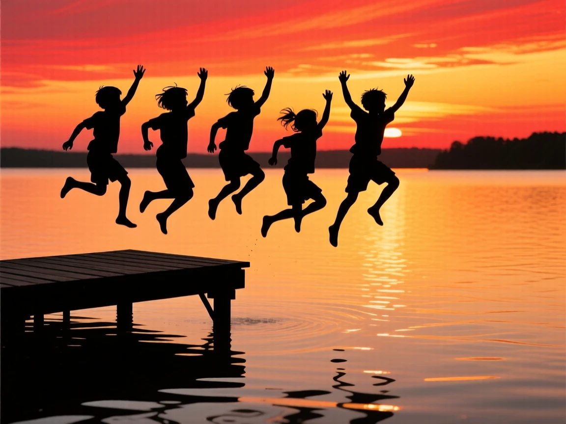 A group of childhood friends jumping off a dock into a lake together.