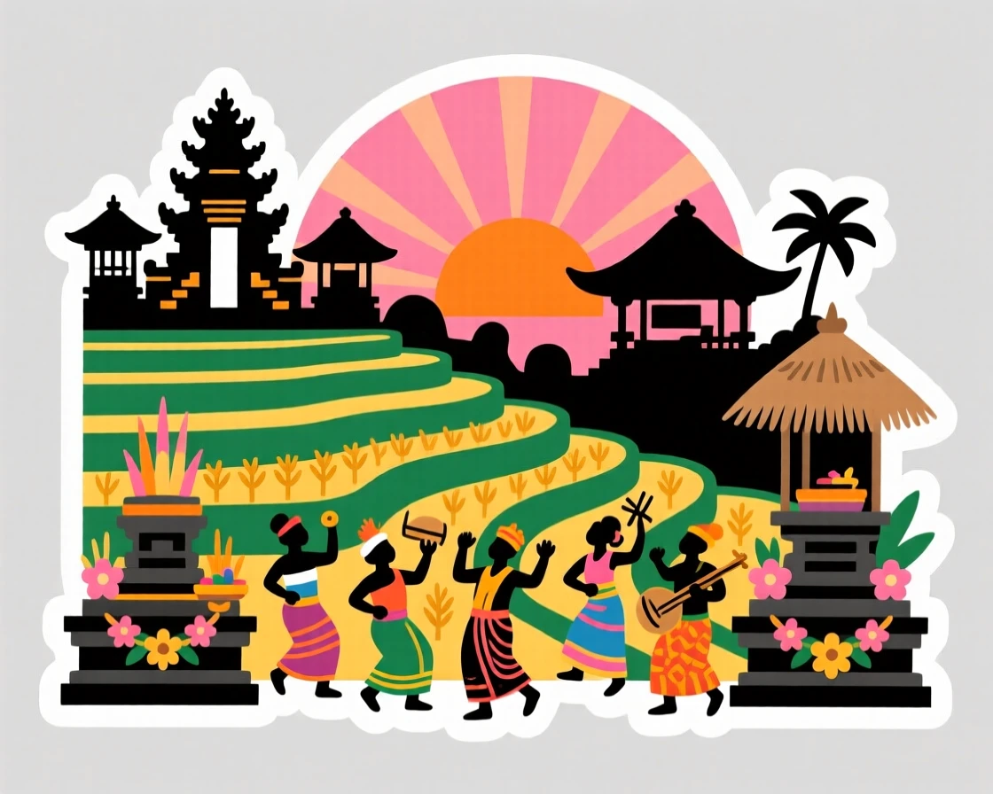 A culturally vibrant Bali-style rice terrace at sunrise, captured during a festive celebration, at the peak of a local festival.