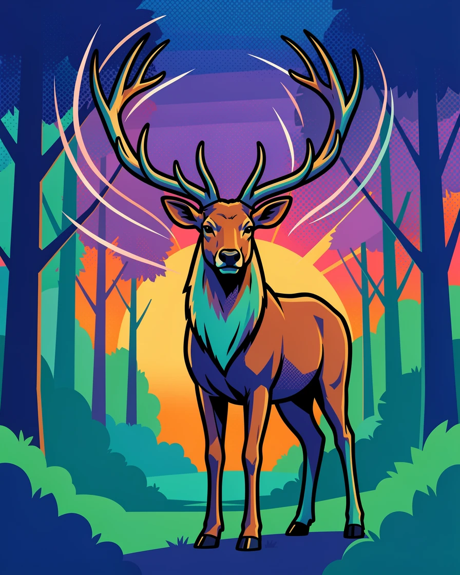 A stag with impressive antlers exploring a quiet forest at dawn