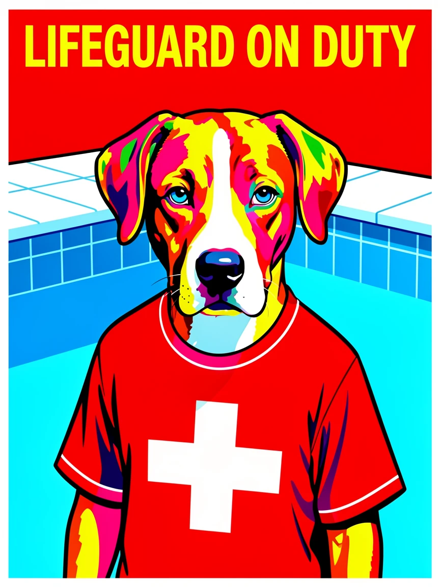 Dog wearing a lifeguard shirt by a pool