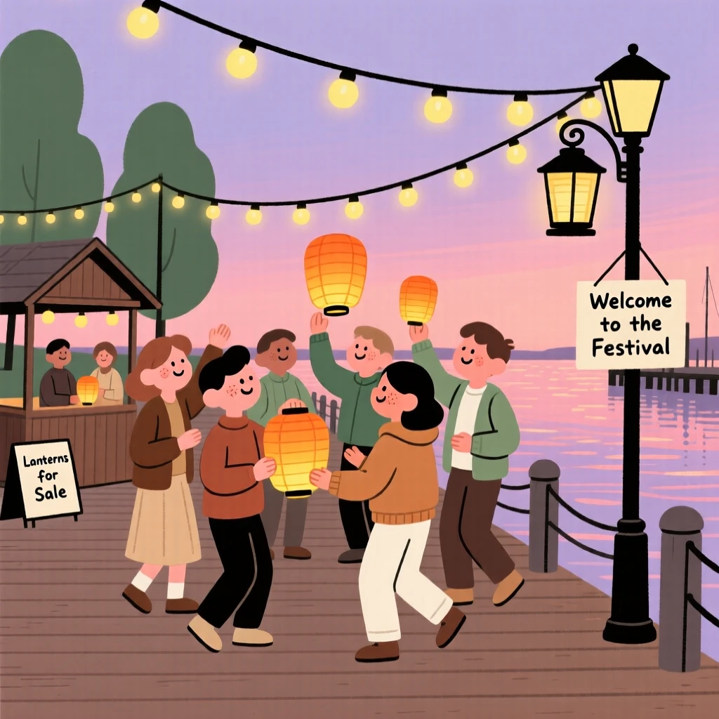 A community gathers in the harbor promenade for a lantern festival, dancing together beneath strings of fairy lights as evening falls.