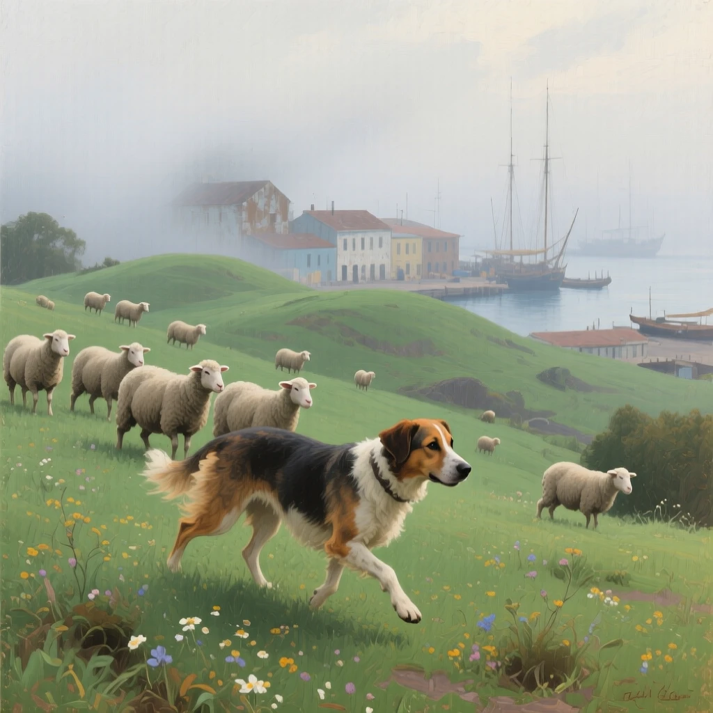 A centered composition of a shepherd dog herding sheep across a rolling green hillside, in a Caribbean port town, in thick fog.