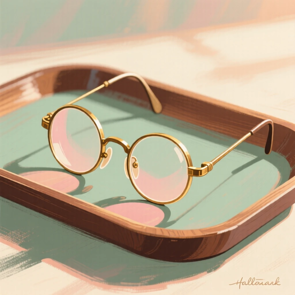 A set of antique spectacles arranged on a wooden tray