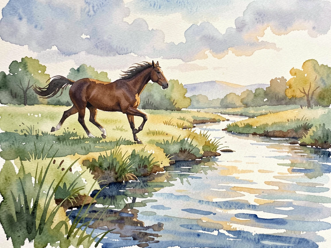 A horse galloping across an open field beside a babbling brook.