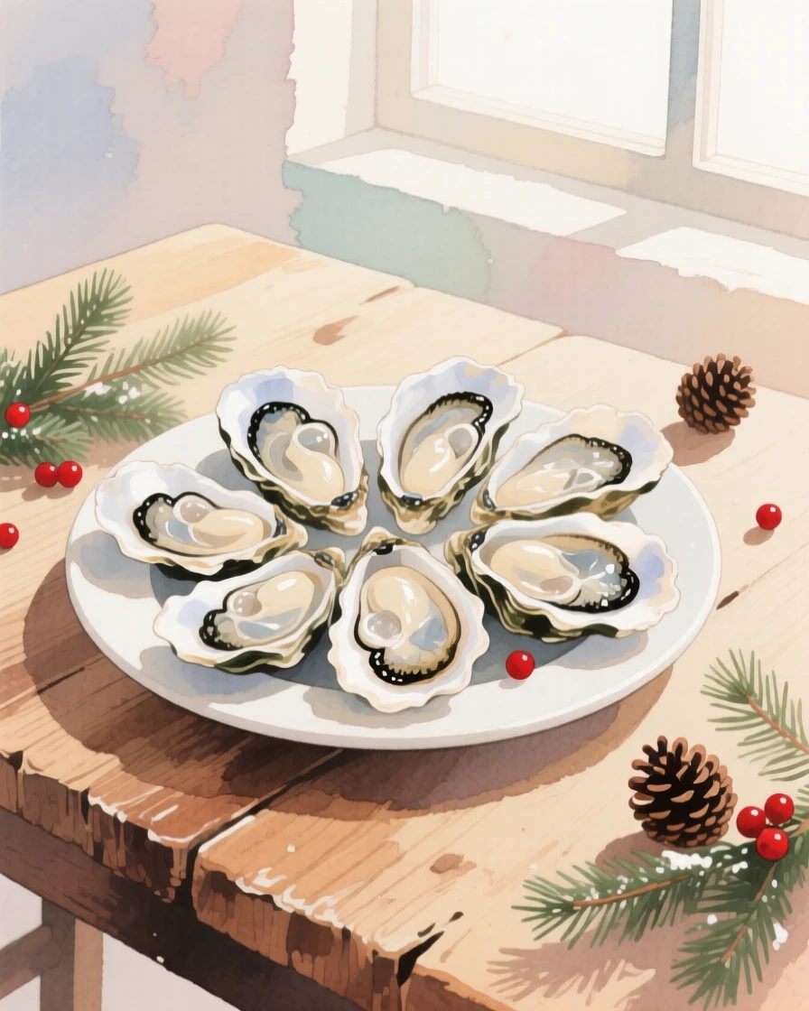 A plate of fresh oysters sits on a rustic wooden table by a window at a festive holiday table, arranged beautifully for a delightful meal