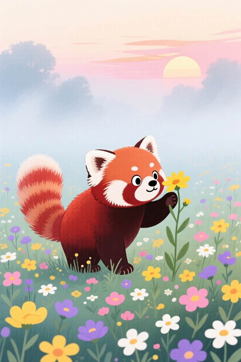 A shy red panda exploring a wildflower field on a foggy morning.