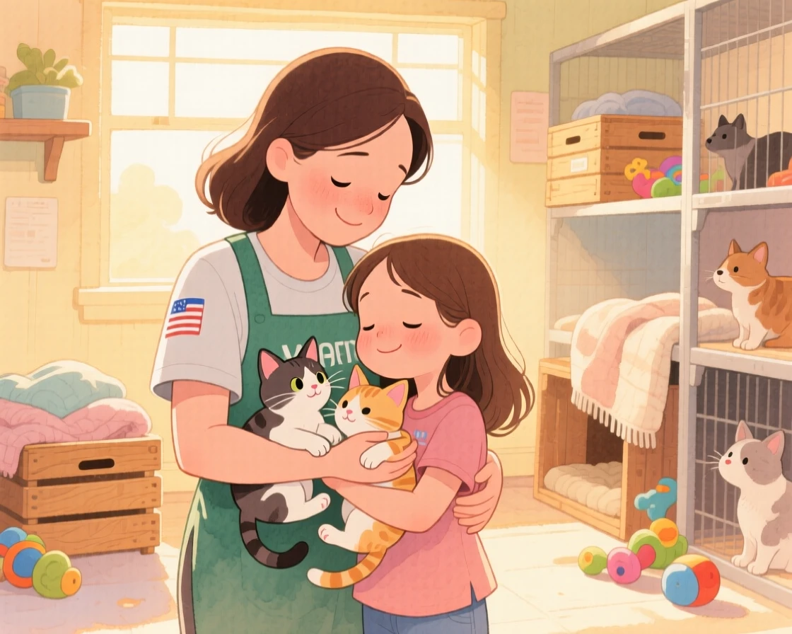 A mother and daughter volunteering together at an animal shelter, cradling kittens, surrounded by gentle, golden light, radiating kindness, hope, and heartfelt emotion.
