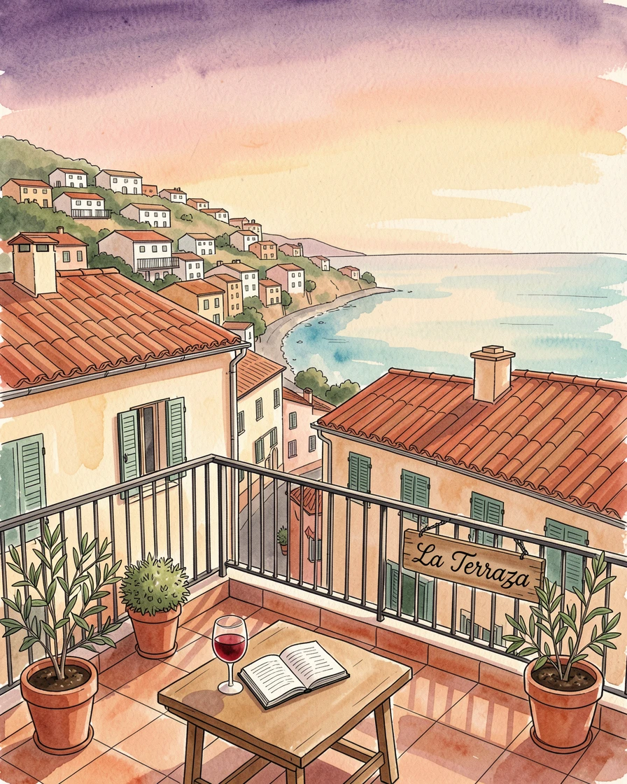 A rooftop terrace overlooking a sprawling Mediterranean coastal town, soft evening light glowing warmly over the buildings.