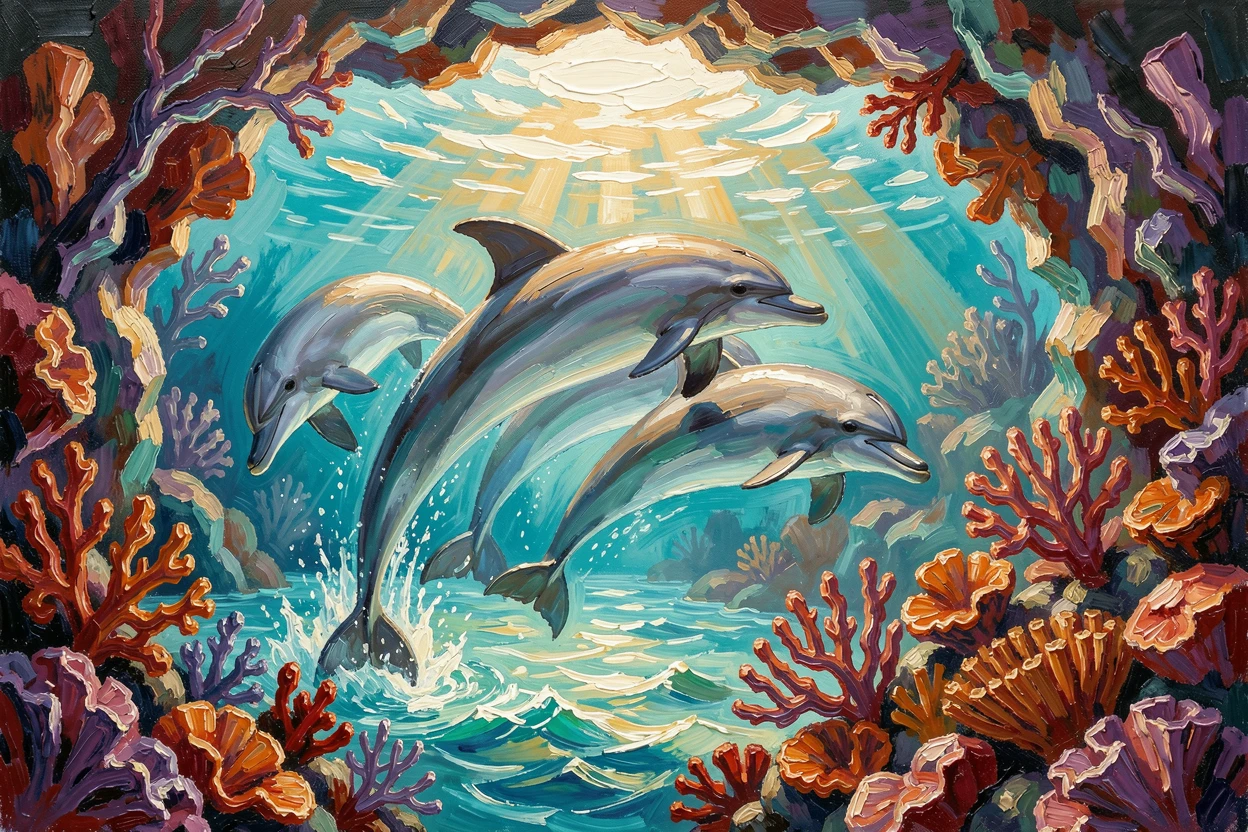 In crystal-clear turquoise water beneath a midday sun, a pod of dolphins leaping through ocean waves, within a sunlit underwater cave, it weaving gracefully between coral formations.