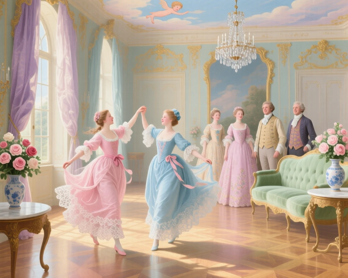 Two cousins dancing in a sunlit salon while adults smile nearby  