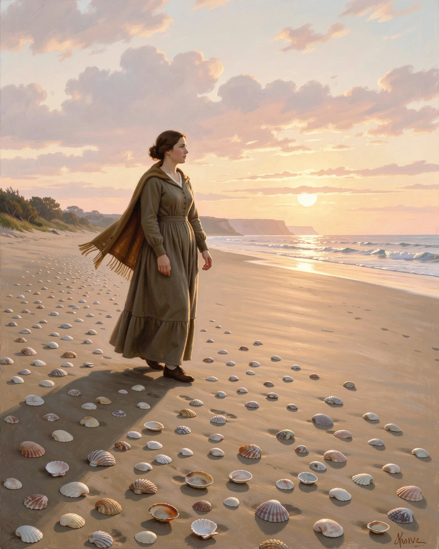 A fisherman's wife walks the length of a sandy beach littered with shells at the break of dawn.