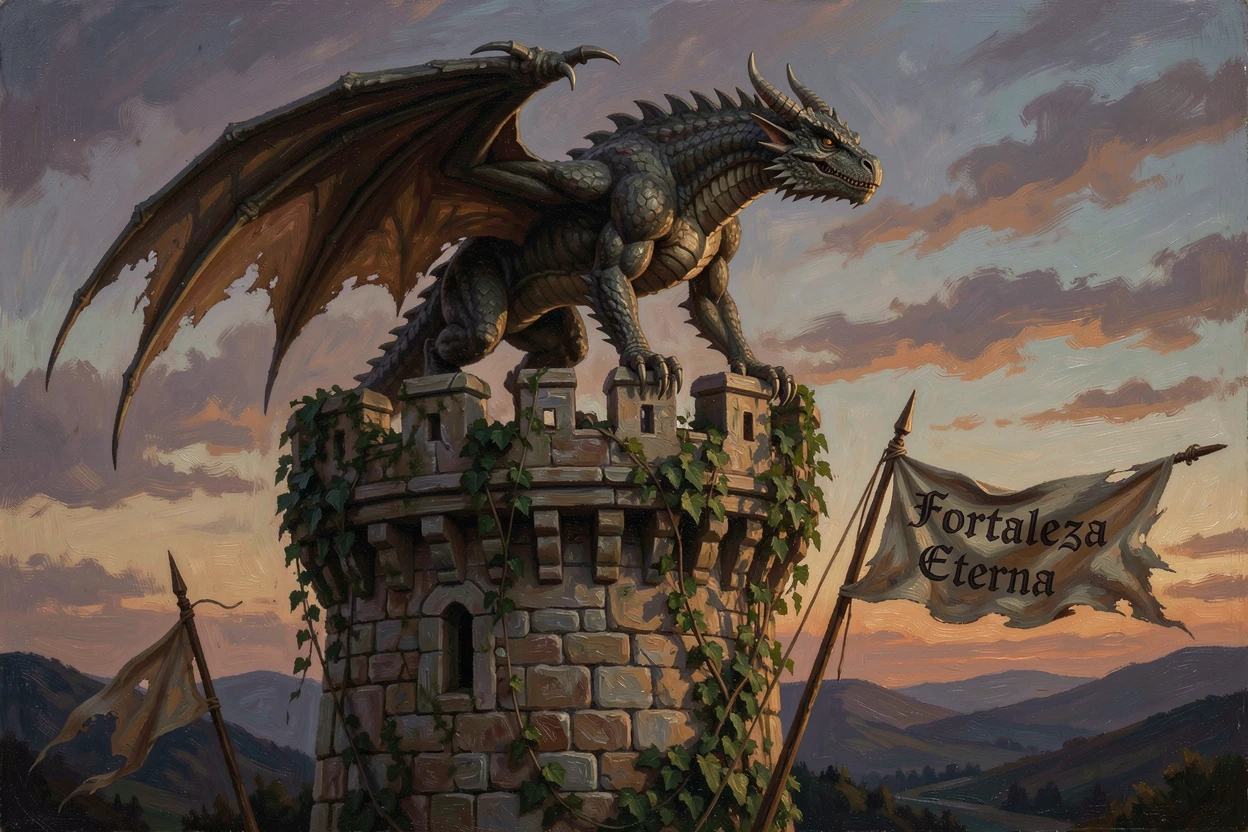 A majestic dragon perched atop a crumbling castle tower at dusk, rendered with photorealistic detail to feel genuinely believable, evoking wonder, mystery, and epic storytelling