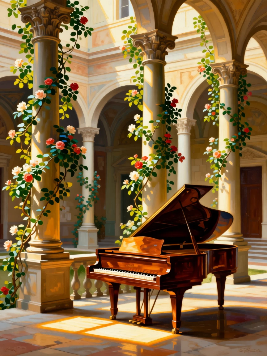 A sunlit atrium framed by Corinthian columns and flowering vines standing empty in the golden hush of late afternoon, set within a palace built for generations of nobility, with a single grand piano standing beneath a shaft of window light; a central vanishing point draws the viewer deep into the grand space, radiating history, refinement, and permanence.