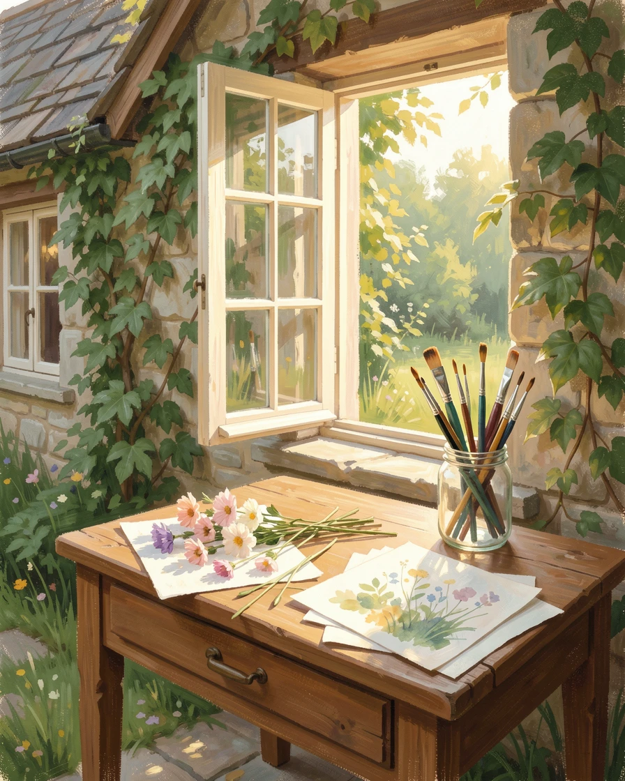 A quiet artist's cottage filled with pressed flowers, watercolor sketches, and jars of paintbrushes, in the lush green of midsummer, evoking timeless charm and quiet elegance.