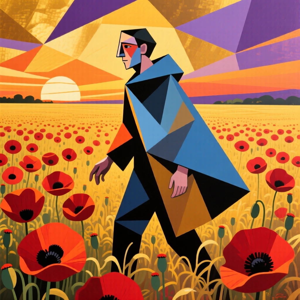 A traveler wandering through a golden field of poppies at sunset.