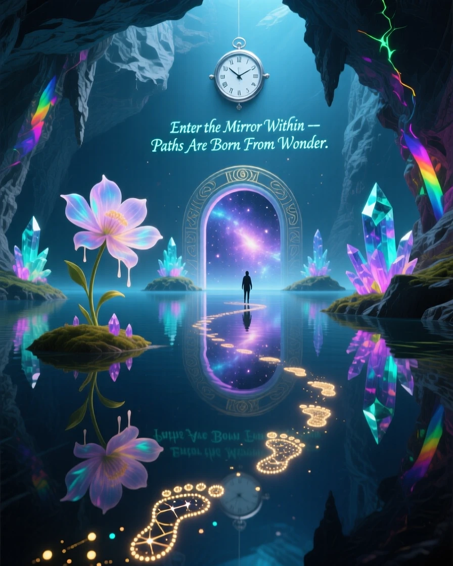A cavern lake so still it seems to hold a second universe unfolds new paths each time it is entered, while a trail of glowing footprints marks a path forward.