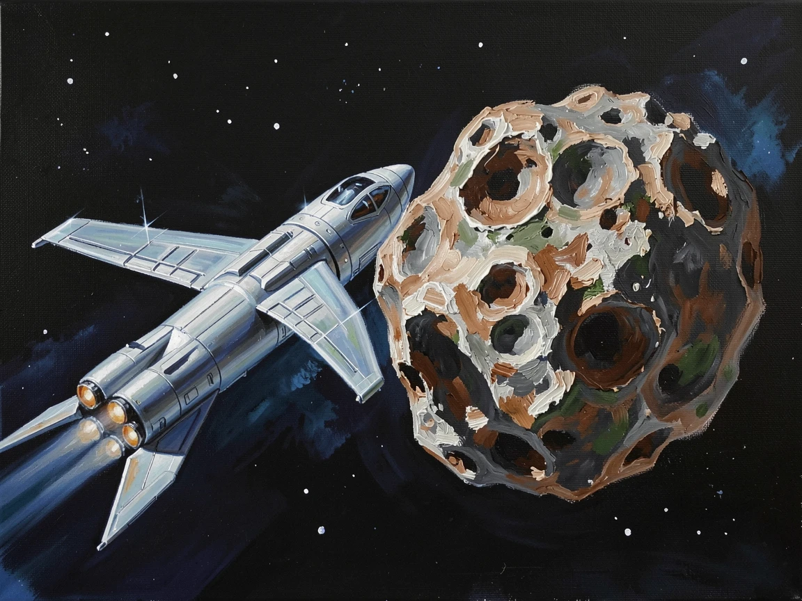 A spacecraft approaches a tumbling asteroid for a sample collection mission, the sun glinting off the ship's metallic hull against black space, the atmosphere charged with a sense of quiet wonder and untold history.