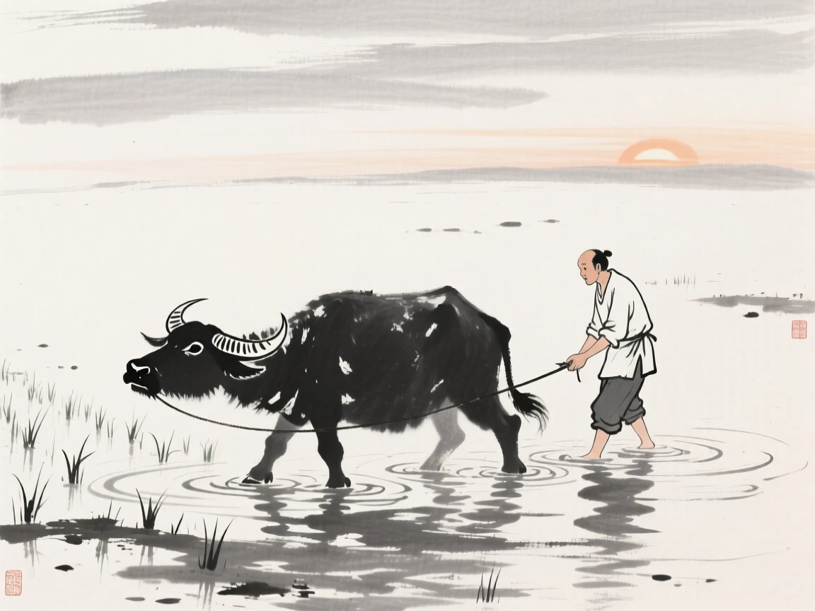 A farmer guides a water buffalo through a flooded rice paddy, beneath a sky streaked with the colors of early morning.