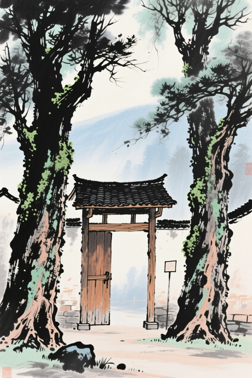 A village gate framed by two towering old trees, touched with gentle melancholy.