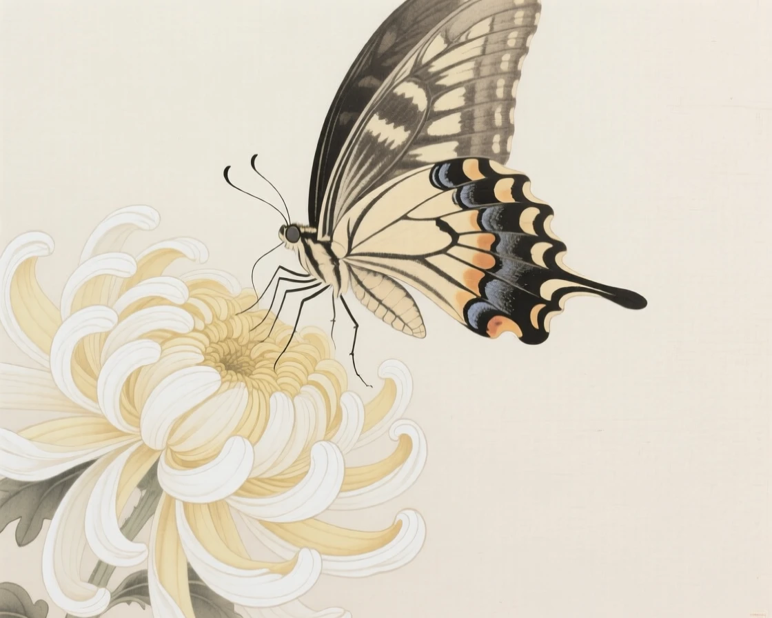 A swallowtail butterfly on the edge of a chrysanthemum bloom