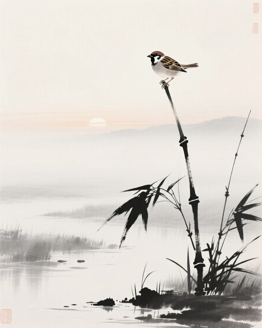A sparrow calling out from atop a tall bamboo stalk above a misty wetland at dawn, positioned in one corner, leaving airy negative space, conveying serenity and effortless movement.
