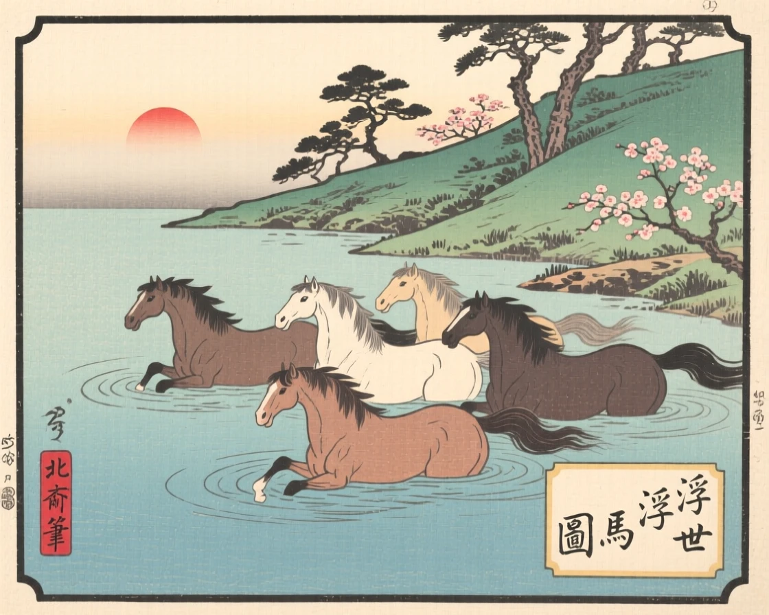 A herd of wild horses floating together on a still pond.
