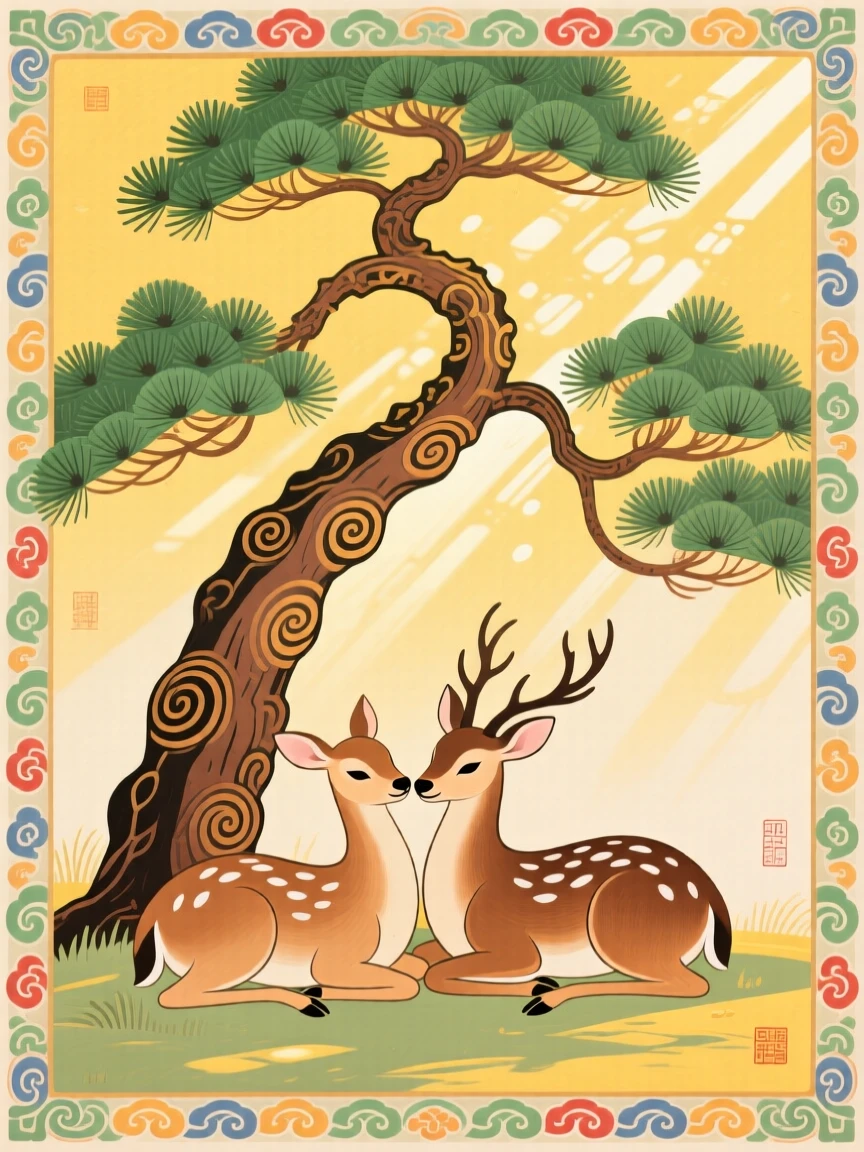 A pair of deer resting beneath a pine tree in dappled sunlight, symbolizing prosperity.