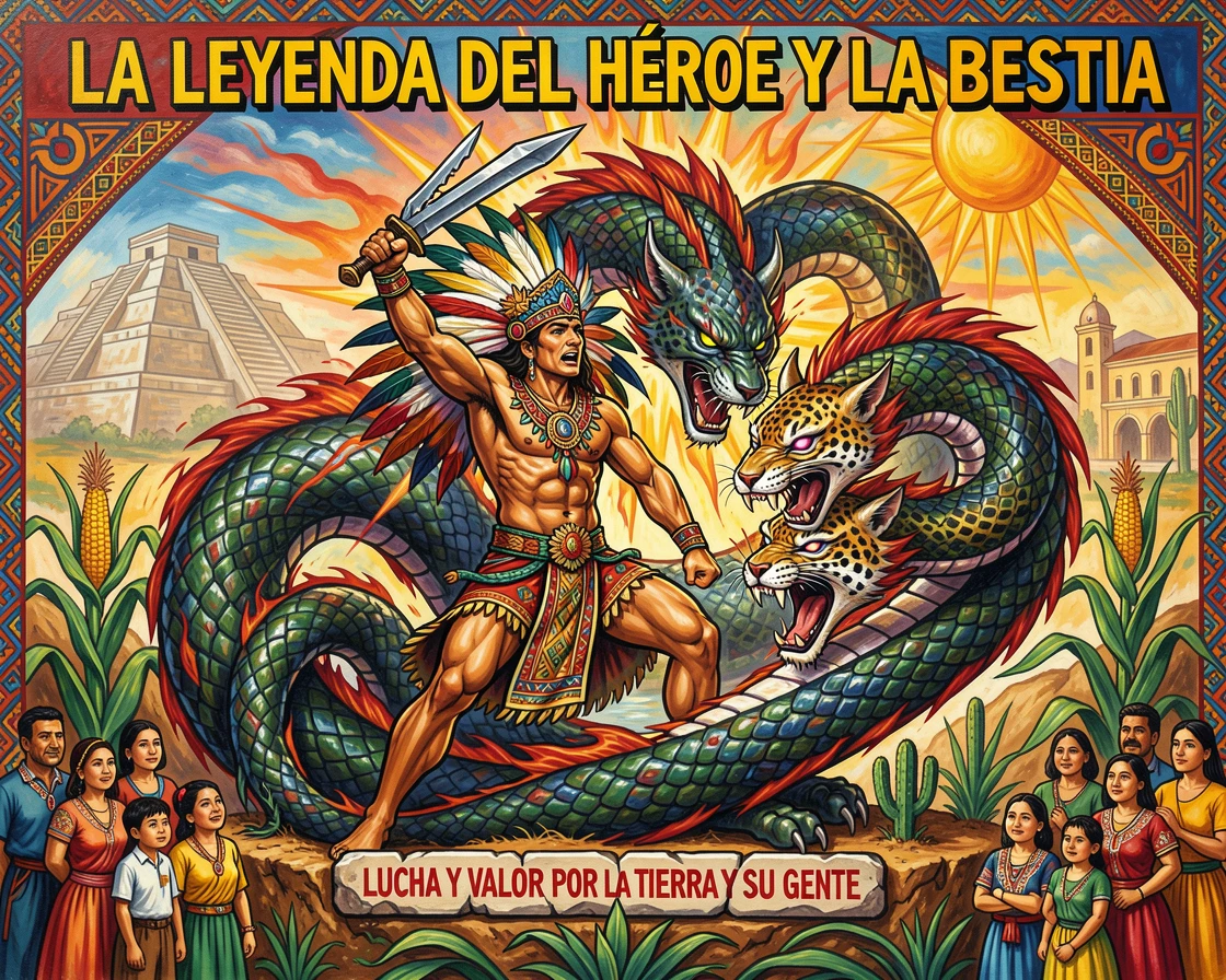 A legendary hero battling a fearsome multi-headed beast