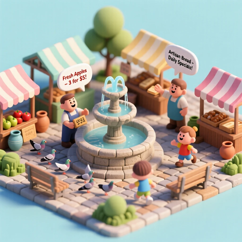 A bustling town square during a weekly market, vendors calling out prices, and children chasing pigeons across the cobblestones.