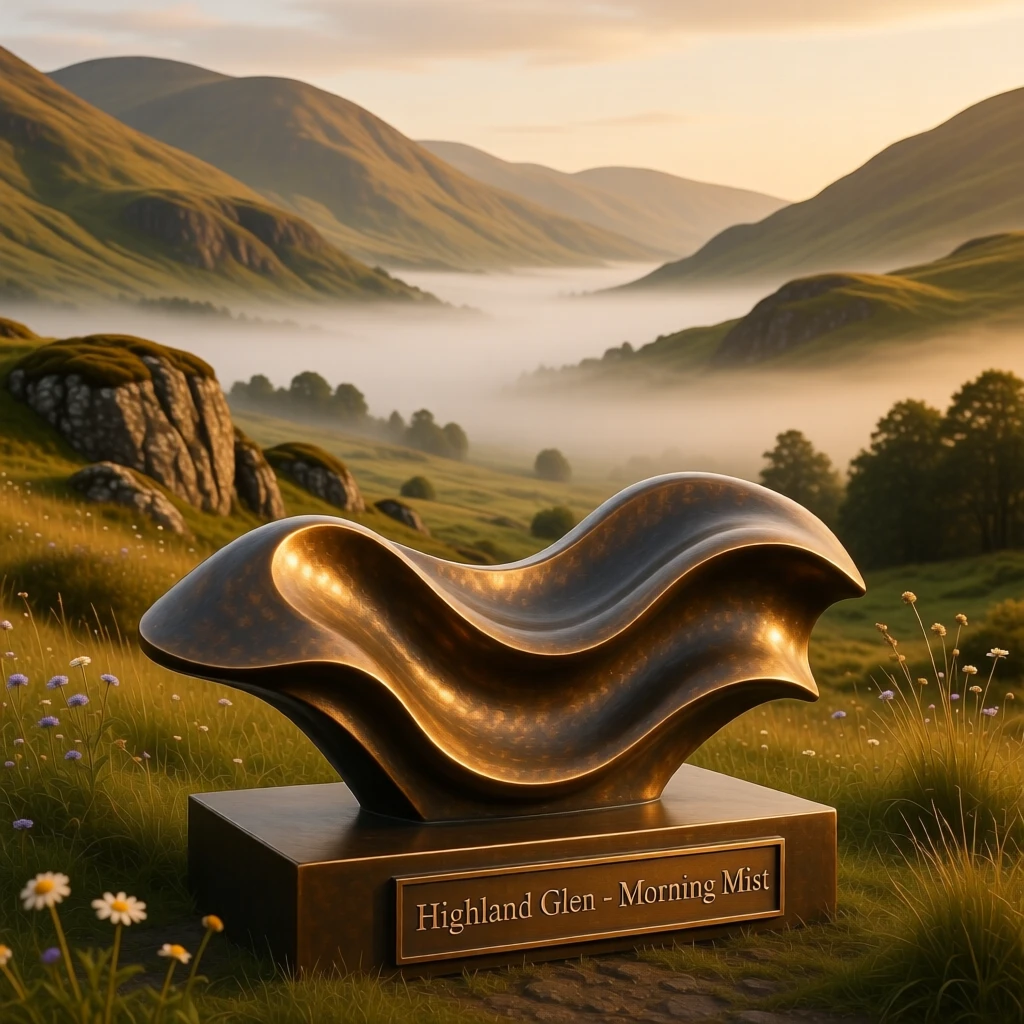 A tranquil highland glen wrapped in morning mist, bathed in the warm hues of golden hour, offering a breathtaking sense of place