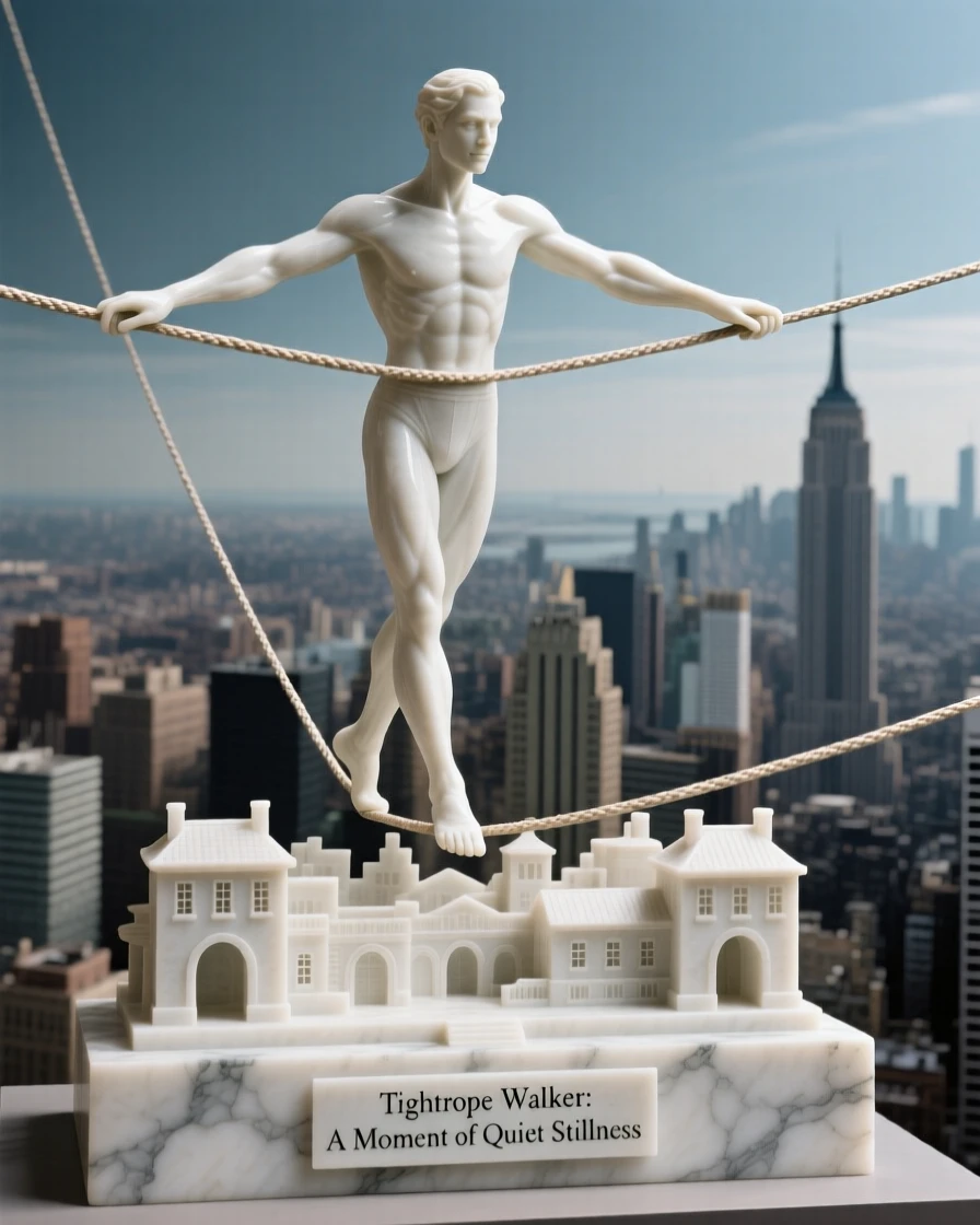 An evocative depiction of a tightrope walker balanced high above a city, in a moment of quiet stillness, balancing detail with emotional depth