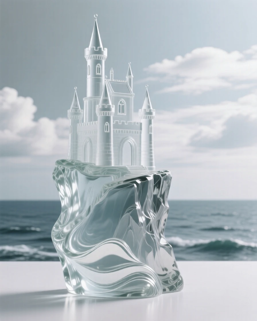 Beneath a sky filled with soft, drifting clouds, a castle perched dramatically on a cliff above the sea