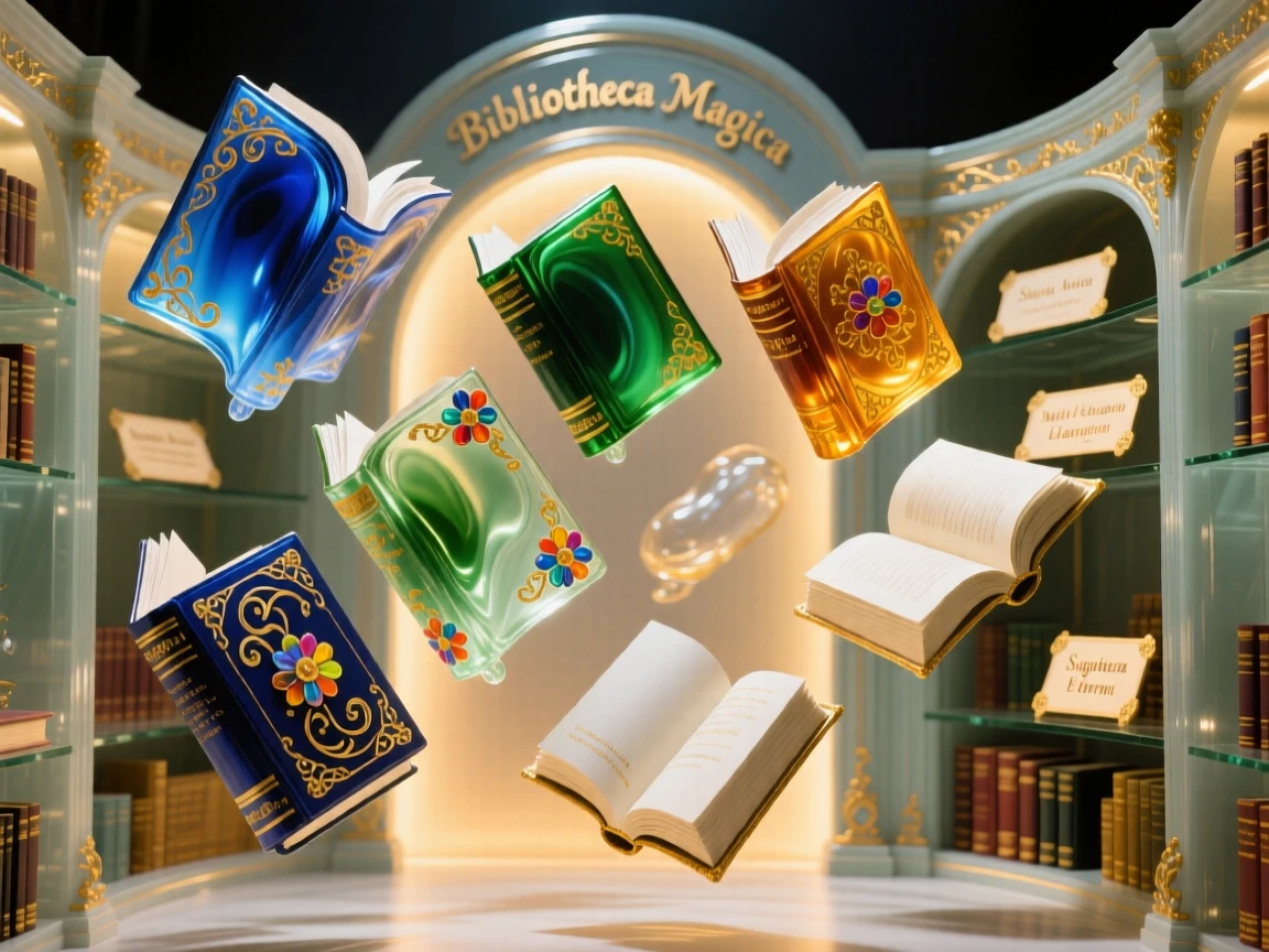 A library where books float gently in midair, illuminated by soft golden light, magical and wondrous.