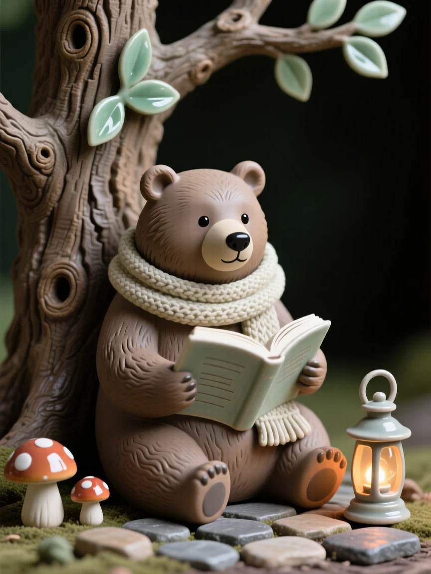 A bear in a scarf reading beneath a tree frozen in a moment of quiet, gentle mischief, set within a cozy, detailed miniature world, radiating coziness and storybook charm.