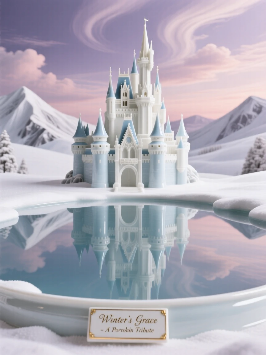 A snow-capped castle reflected in a still moat, framed by a dramatic sky.