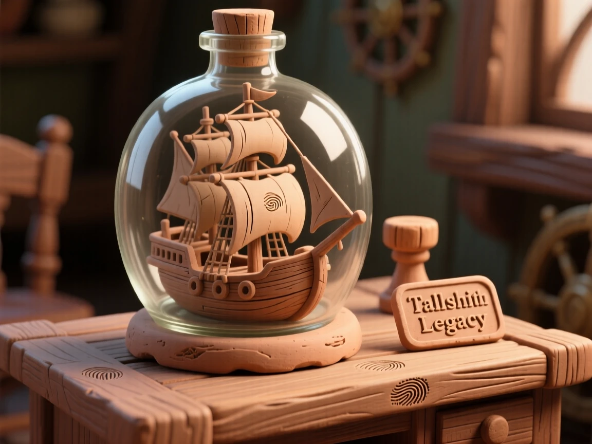 An old wooden ship in a glass bottle resting on a captain's desk