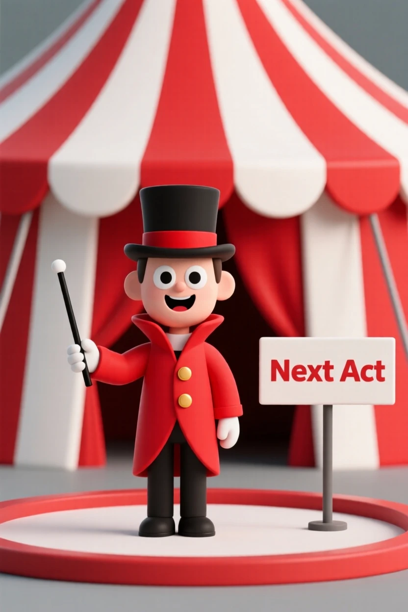 A cheerful circus ringmaster in a red coat and top hat announces the next act beneath a striped big top.