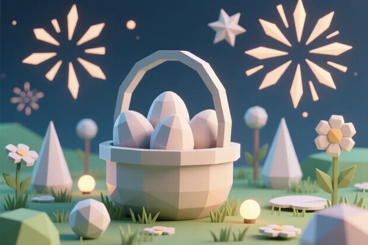 A Easter basket filled with pastel eggs in a spring garden, beneath a sky full of fireworks. warm glowing lights create a festive ambiance. There is a joyful, festive energy in the air.