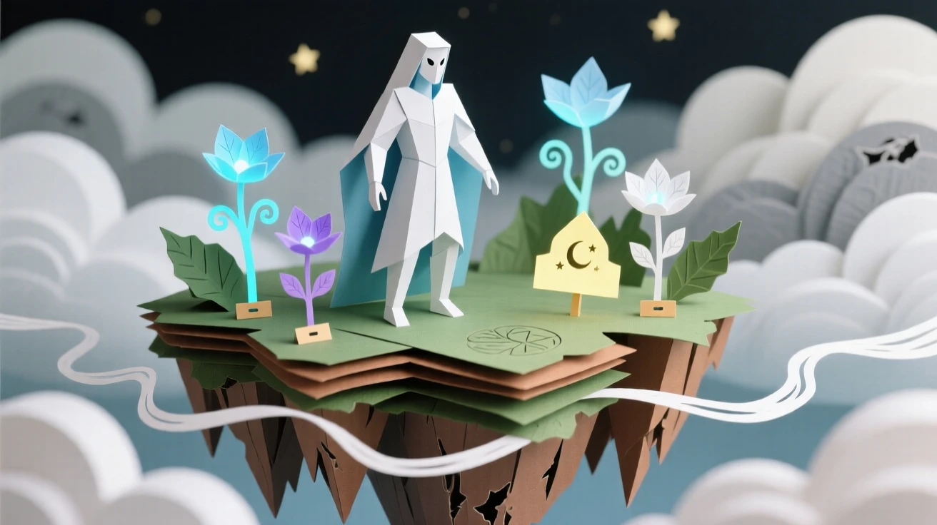 A celestial guardian exploring a floating island in the clouds, with luminescent plants lighting the surroundings, conveying magic and quiet awe.