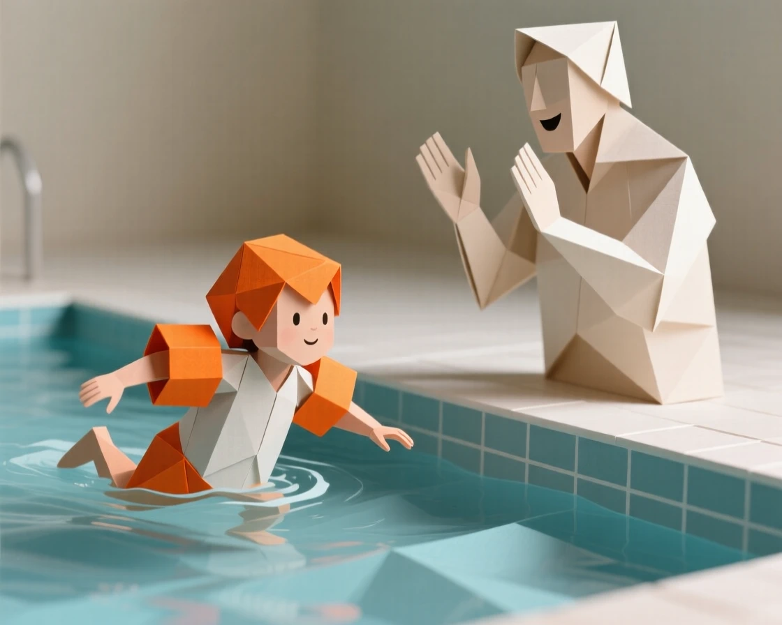 A child learning to swim in a pool, arm floats bright orange, parent cheering nearby.