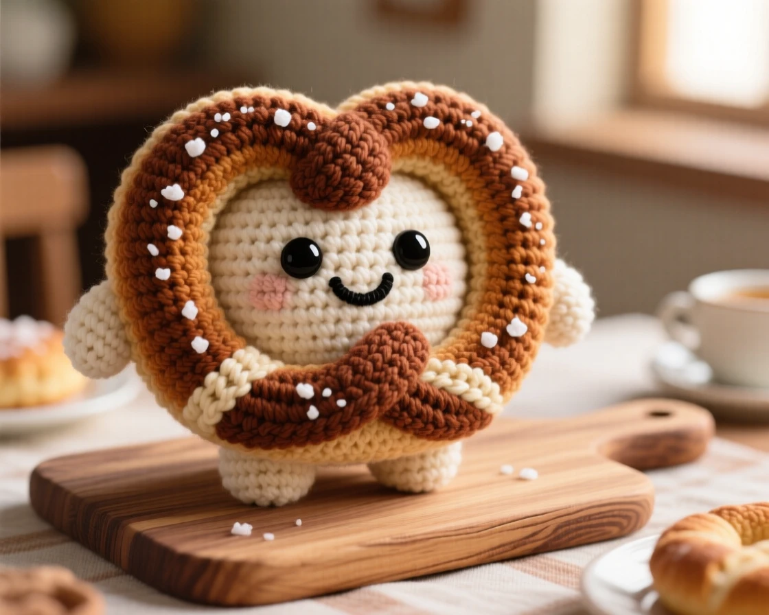 a plump soft pretzel character, sprinkled generously with coarse salt, is shown warm from a street cart oven on a cozy breakfast nook bathed in morning light beside a rustic wooden serving board, capturing bright, appetizing cheerfulness.